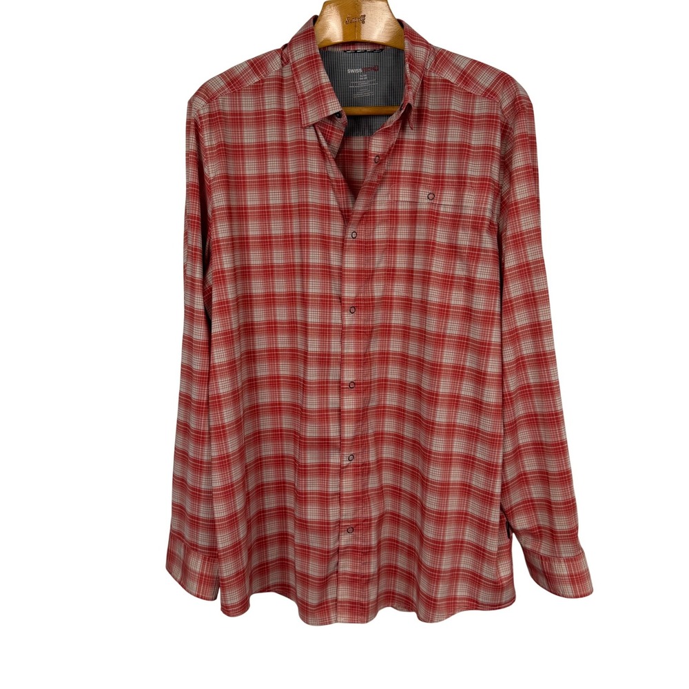 Swiss Tech Mens XL Orange Plaid Snap Front Hiking Outdoor Stretch Shirt Roll Tab